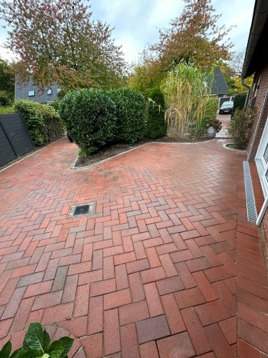 Pflasterweg mit grünem Busch und Bäumen, Umgebung wirkt ruhig und gepflegt.